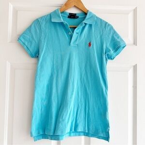 Ralph Lauren Y2K The Skinny Polo‎ Shirt Teal Blue Red Pony Size Medium Preppy